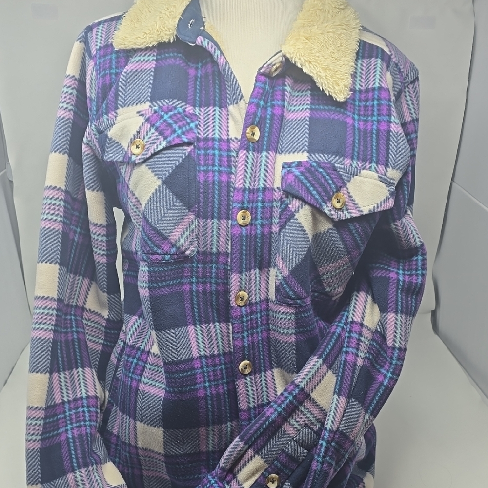 Cozy Plaid Teddy Jacket - Purple and Cream